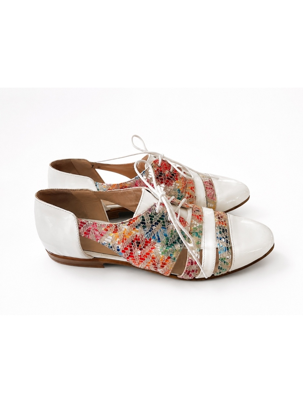 talian Leather Colorful Mosaic Cutout Lace Up Flats White Comfort Shoes EU 37